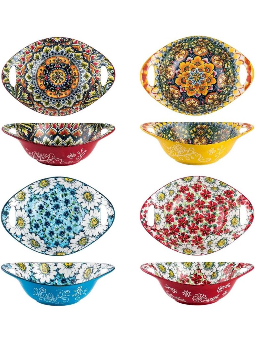 Set of 4 Boho Ceramic Salad & Soup Bowls with Handles - 19 oz, Stylish
